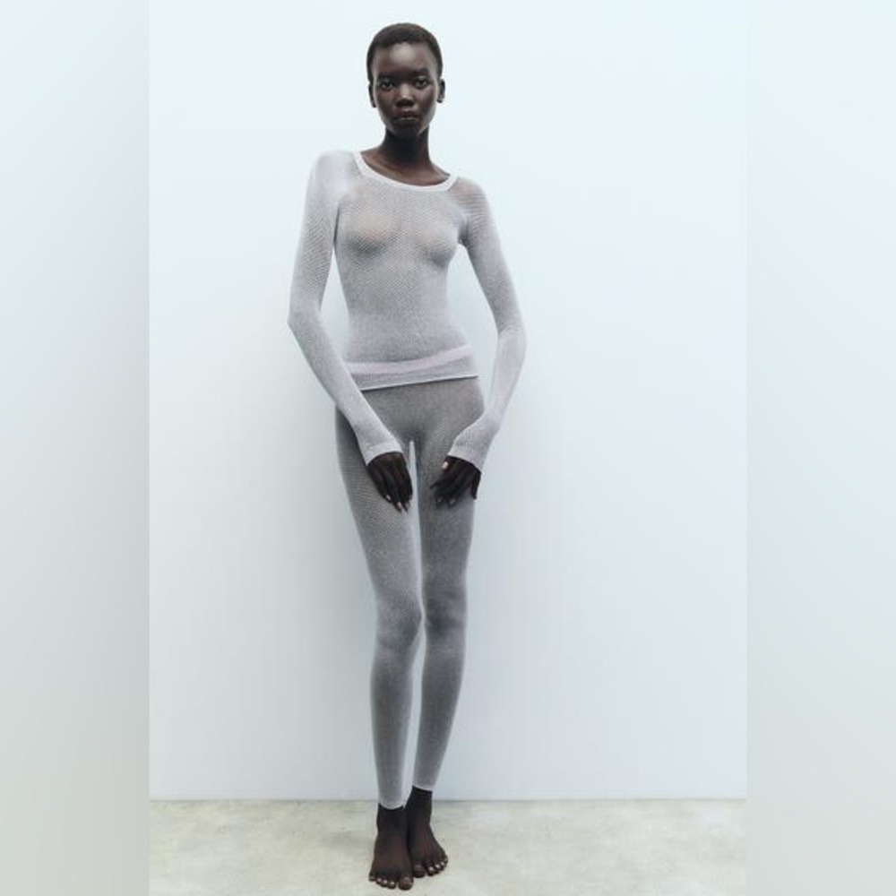 ZARA SEAMLESS METALLIC THREAD MESH T-SHIRT Silver long sleeve Top